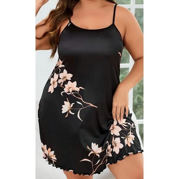 Floral Cami Sleep Dress Women's 3XL Black Stretch Round Neck & Lettuce Trim NEW! - Picture 3 of 6